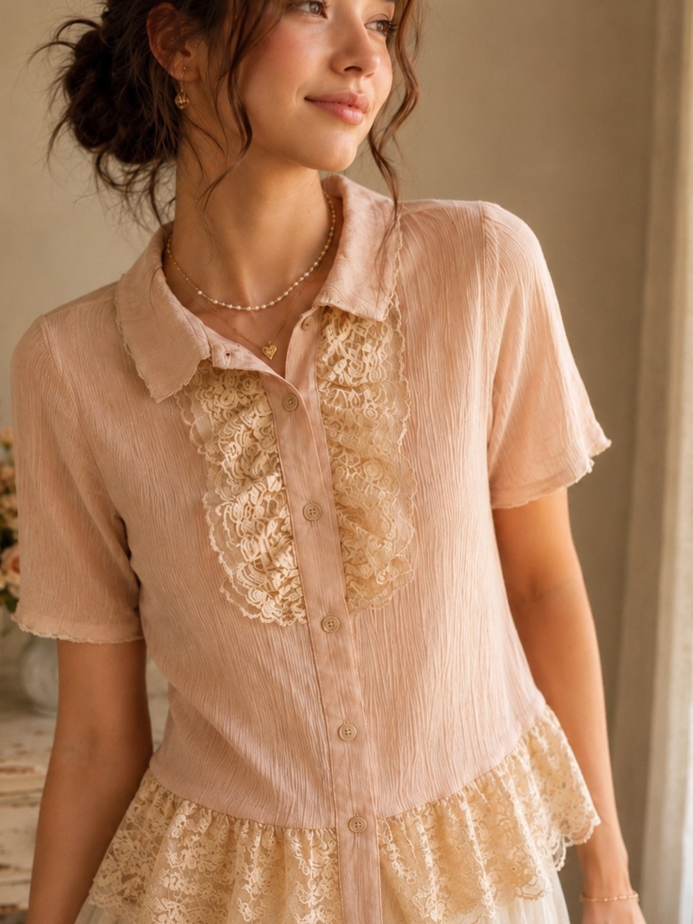 Blush Pink Lace Peplum Blouse Coquette Balletcore Crinkle Top